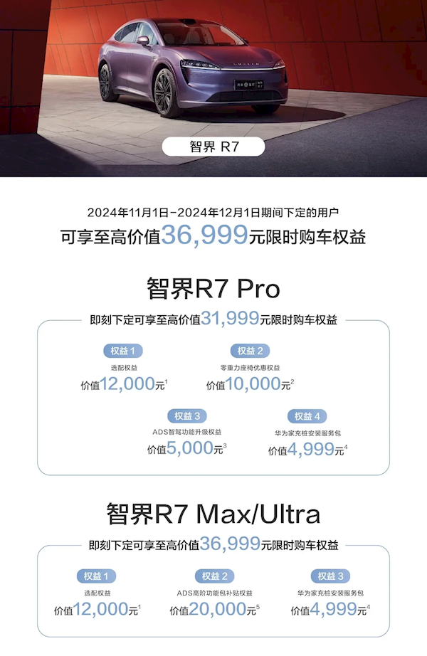 最高价值4.5万！鸿蒙智行发布限时购车权益：包含问界M7、智界R7等车型__最高价值4.5万！鸿蒙智行发布限时购车权益：包含问界M7、智界R7等车型