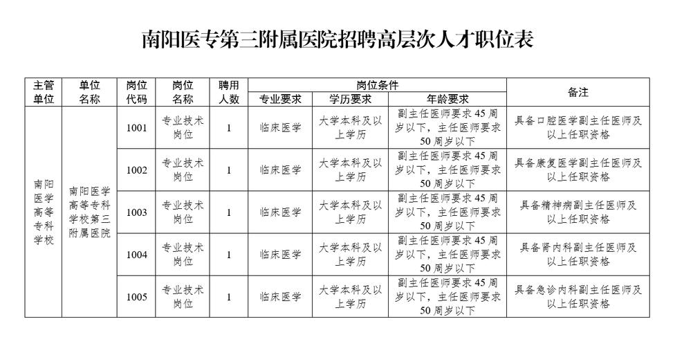 南阳医专第三附属医院招聘高层次人才公告