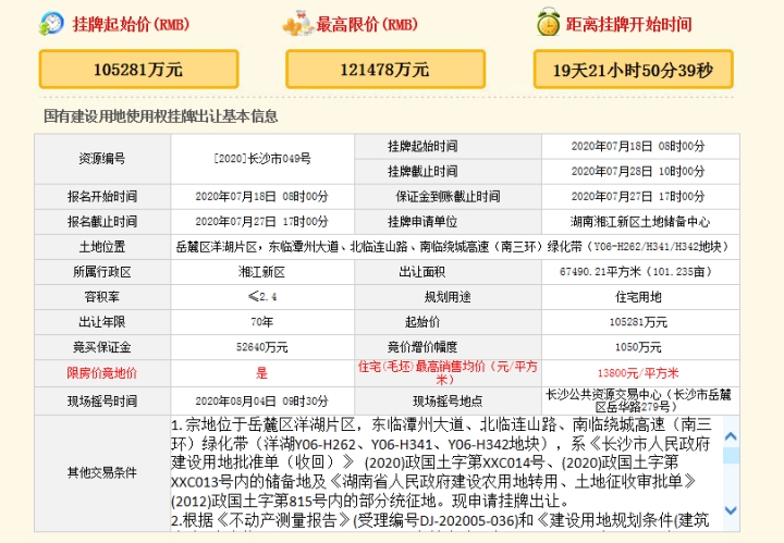长沙双限地房价屡创新高,洋湖新双限地块挂牌均价不超13800元/㎡